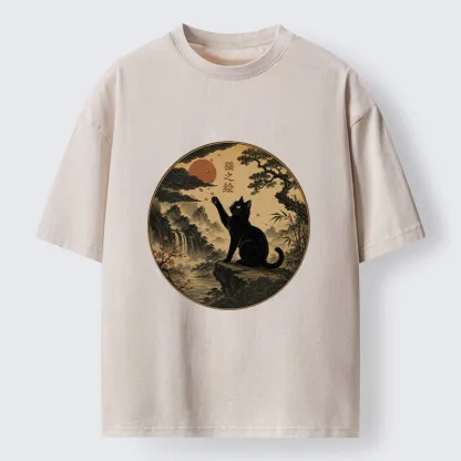 Tokyo-Tiger Serene Nature Scene Of Curious Ink Black Cat Washed T-Shirt