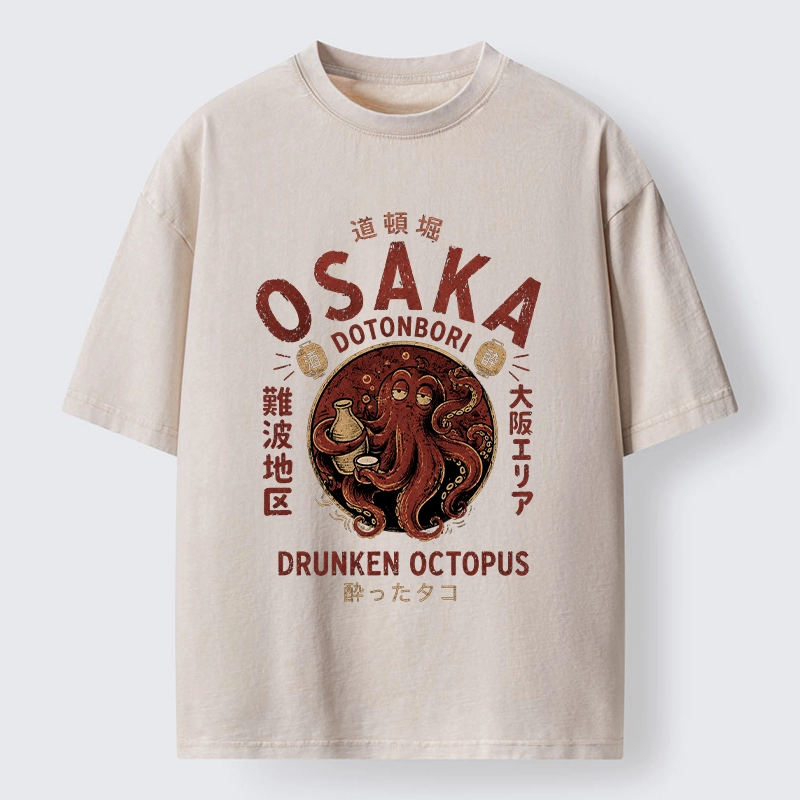 Tokyo-Tiger Osaka Artwork Of Wine Drunk Octopus Washed T-Shirt