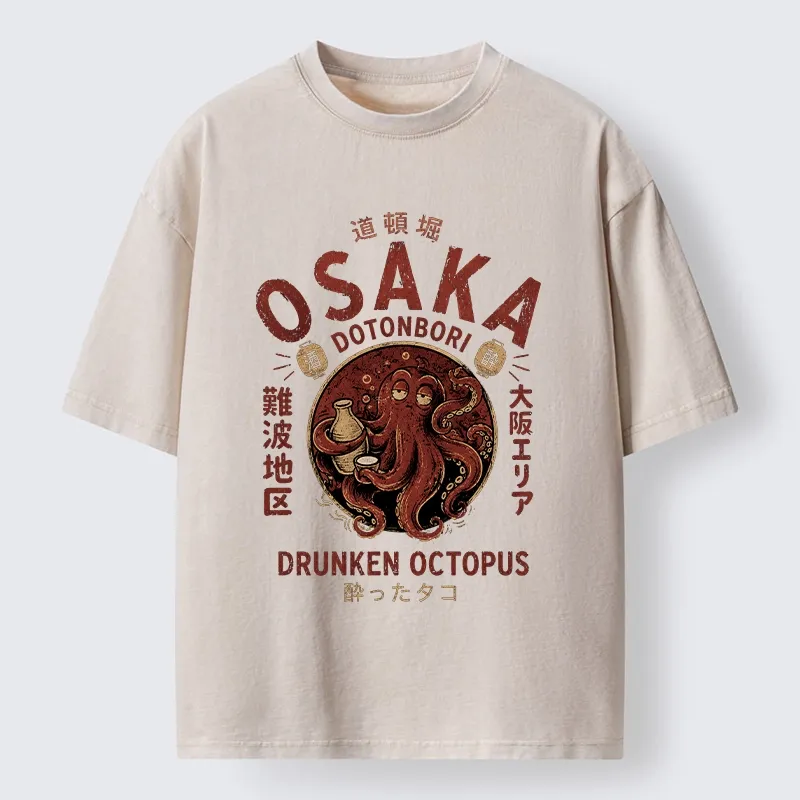 Tokyo-Tiger Osaka Artwork Of Wine Drunk Octopus Washed T-Shirt Sale