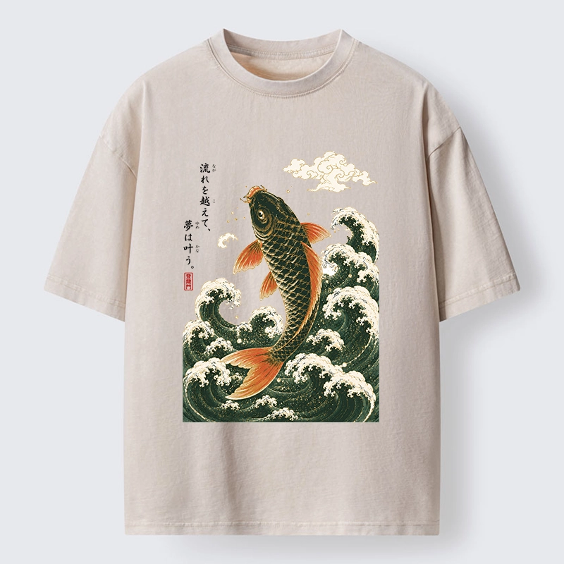 Tokyo-Tiger Japanese Koi Ascends Over Foamy Sea Waves Washed T-Shirt