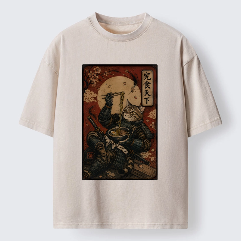 Tokyo-Tiger Bushido Cat Takes A Cozy Ramen Break Washed T-Shirt
