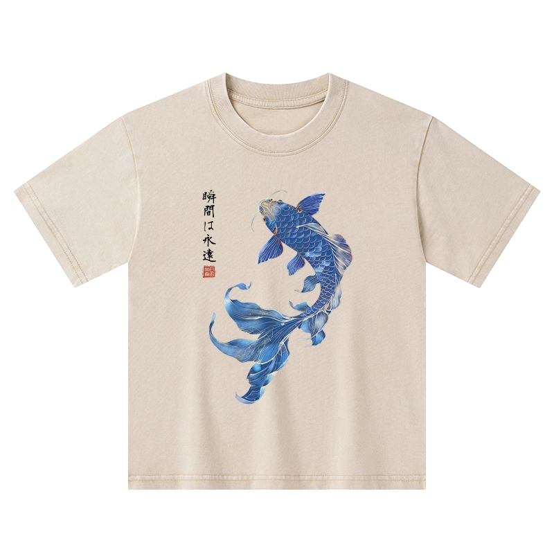 Tokyo-Tiger Lucky Blue Koi Fish Art Kids Washed T-Shirt