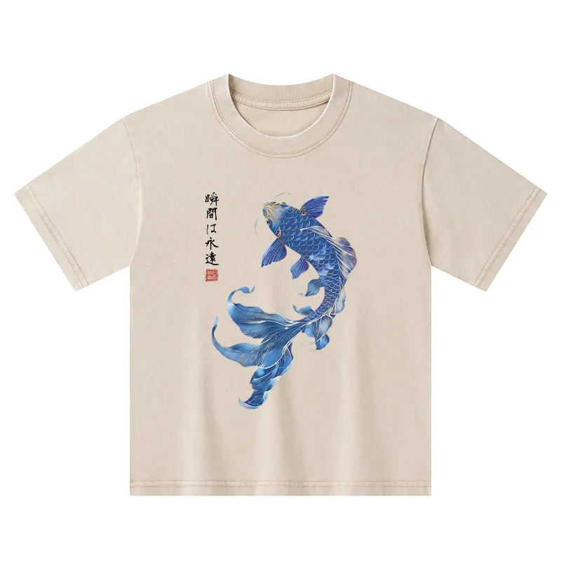 Tokyo-Tiger Lucky Blue Koi Fish Art Kids Washed T-Shirt