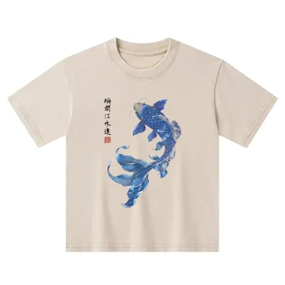 Tokyo-Tiger Lucky Blue Koi Fish Art Kids Washed T-Shirt