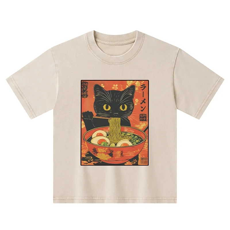 Tokyo-Tiger Hungry Black Cat Loves Ramen Kids Washed T-Shirt