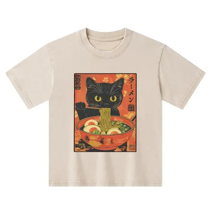 Tokyo-Tiger Hungry Black Cat Loves Ramen Kids Washed T-Shirt