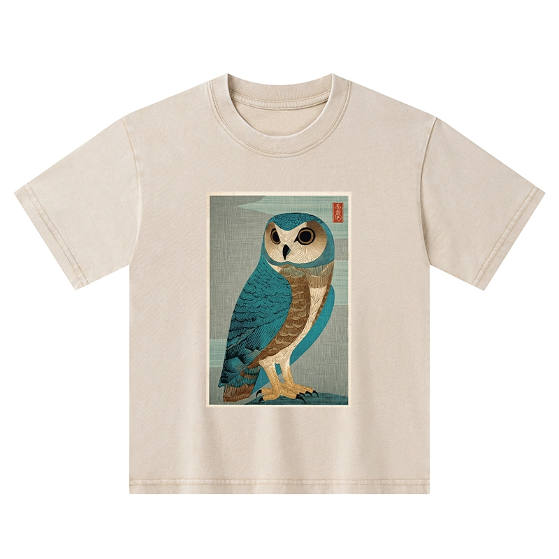 Tokyo-Tiger Vintage Owl Woodblock Art Kids Washed T-Shirt