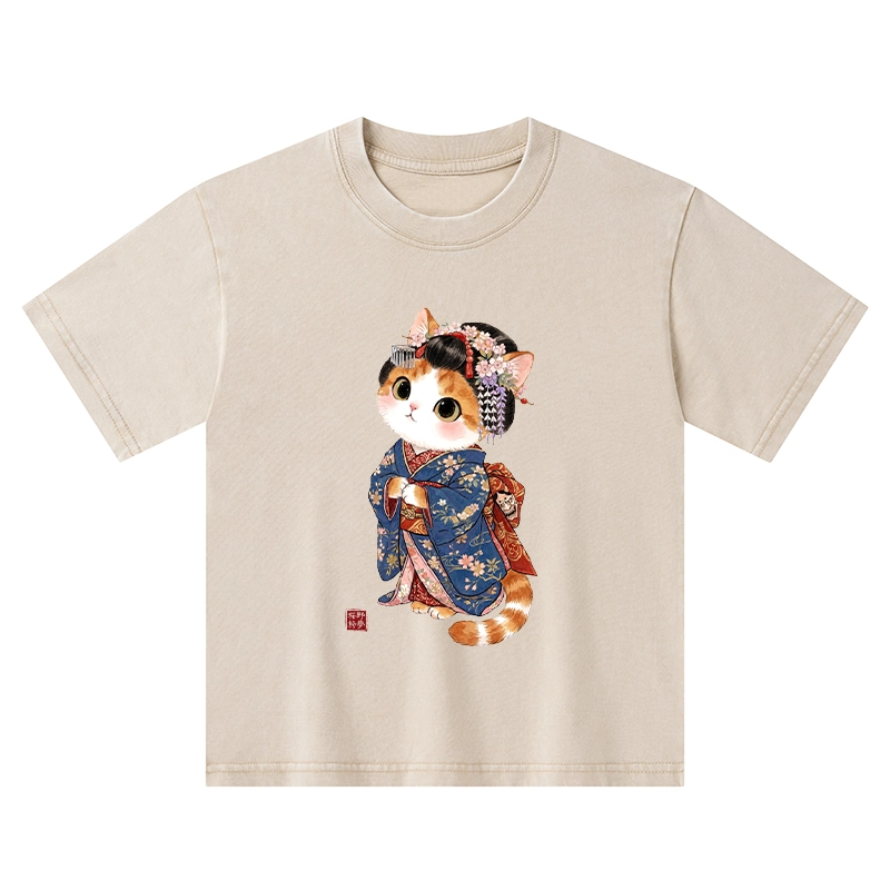 Tokyo-Tiger Cat Dressed As A Geisha Funny Kids Washed T-Shirt