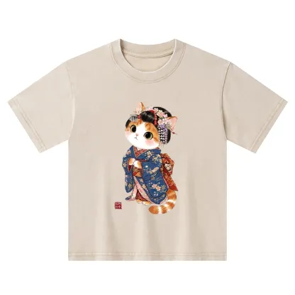 Tokyo-Tiger Cat Dressed As A Geisha Funny Kids Washed T-Shirt
