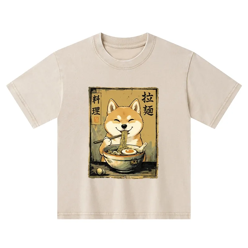 Tokyo-Tiger Happy Shiba Eating Ramen Kids Washed T-Shirt