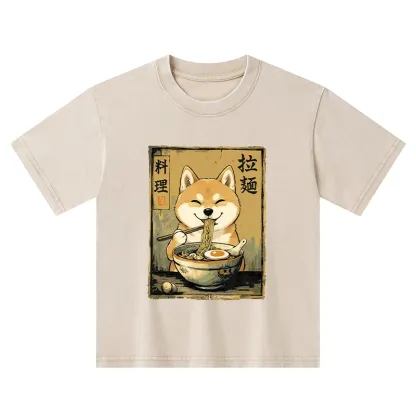 Tokyo-Tiger Happy Shiba Eating Ramen Kids Washed T-Shirt