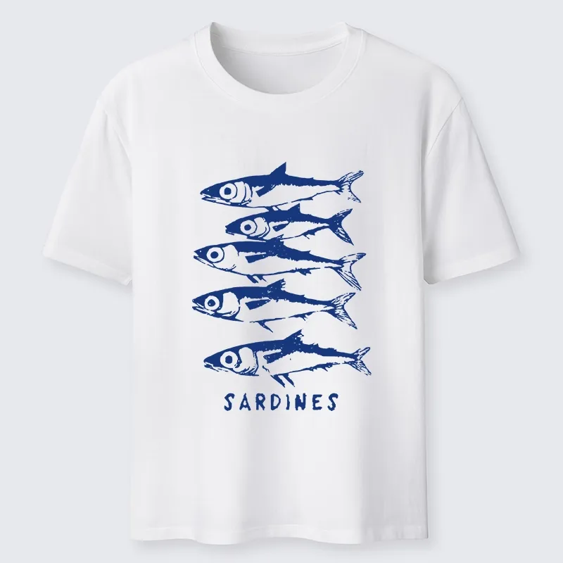 Tokyo-Tiger Blue And White Sardines Linocut Art Classic T-Shirt Sale