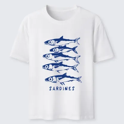 Tokyo-Tiger Blue And White Sardines Linocut Art Classic T-Shirt