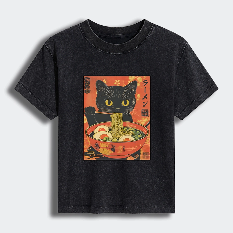 Tokyo-Tiger Hungry Black Cat Loves Ramen Women's Washed T-shirt