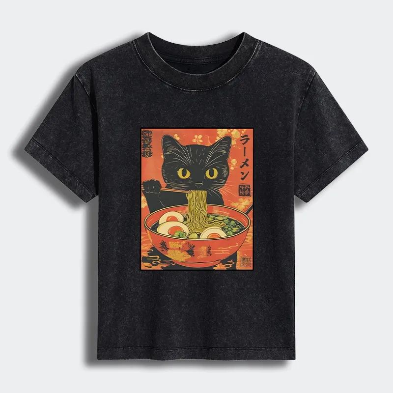 Tokyo-Tiger Hungry Black Cat Loves Ramen Women's Washed T-shirt Sale