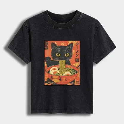 Tokyo-Tiger Hungry Black Cat Loves Ramen Women's Washed T-shirt