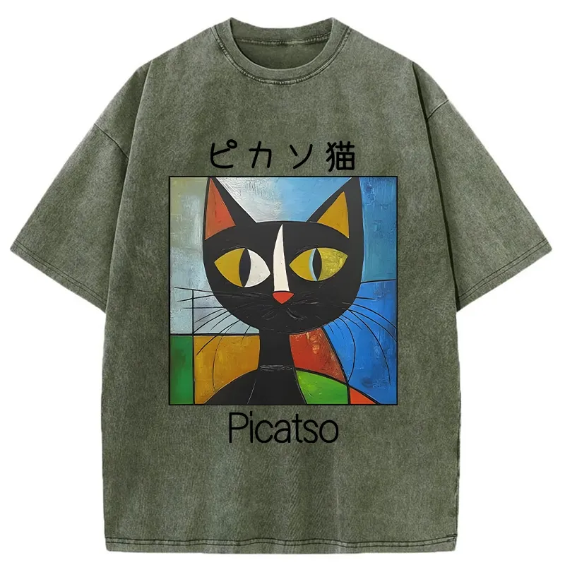 Tokyo-Tiger Funny Picasso Cat Washed T-Shirt