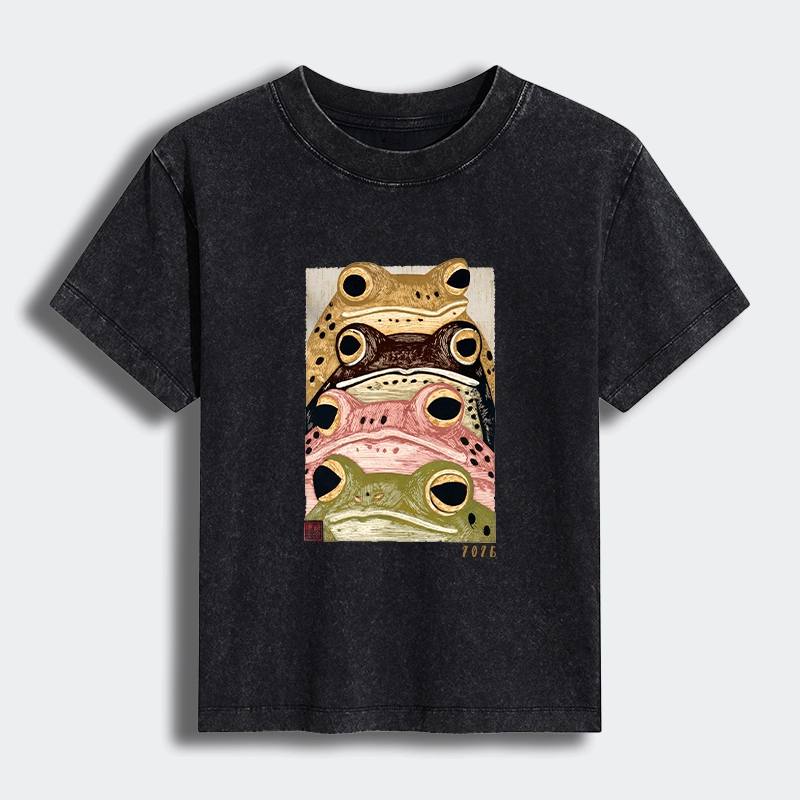Tokyo-Tiger Whimsical Multi Colored Frog Art Women's Washed T-shirt