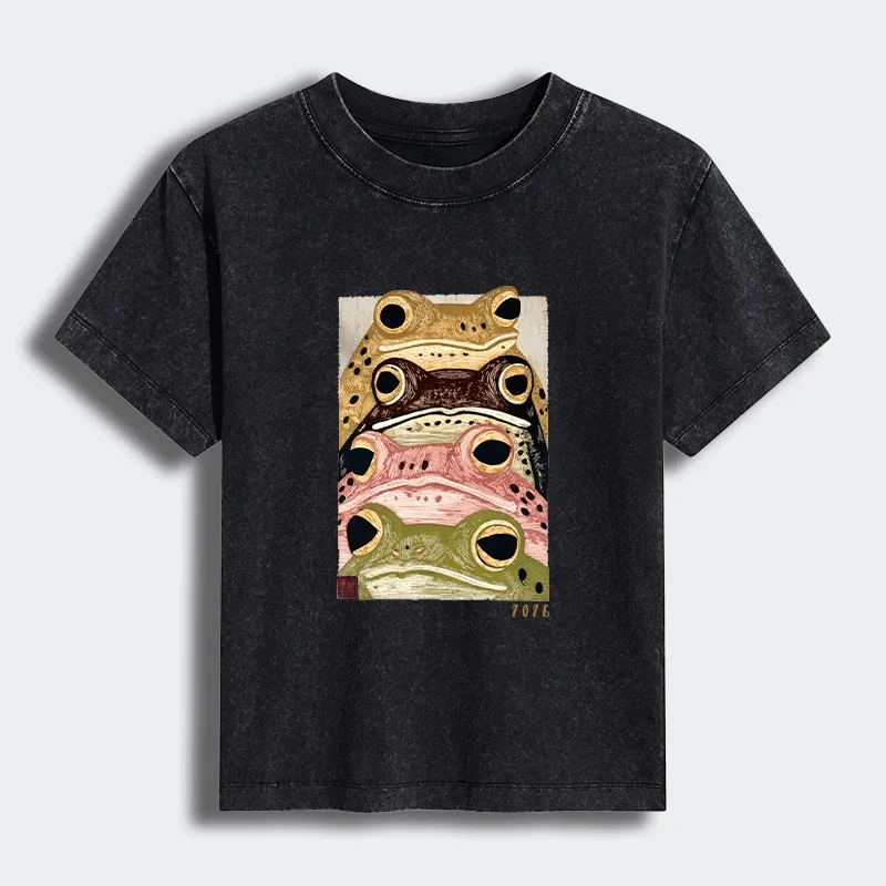 Tokyo-Tiger Whimsical Multi Colored Frog Art Women's Washed T-shirt Sale