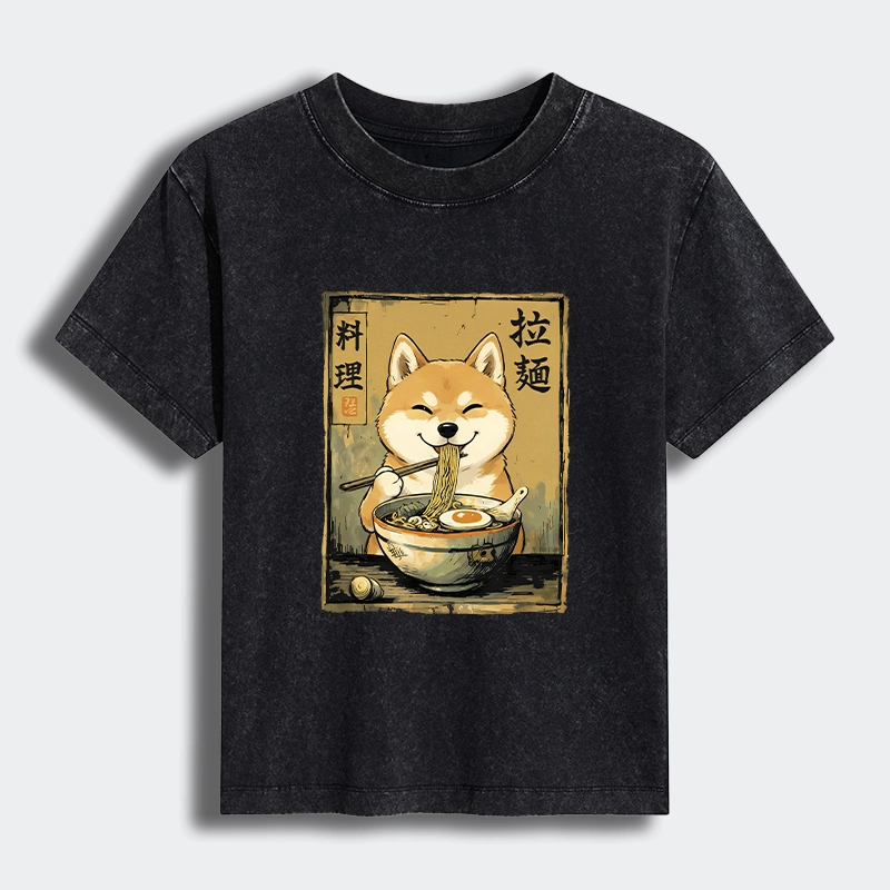 Tokyo-Tiger Happy Shiba Eating Ramen Women's Washed T-shirt