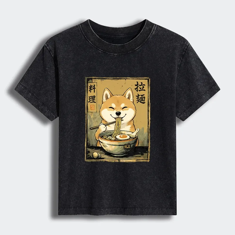 Tokyo-Tiger Happy Shiba Eating Ramen Women's Washed T-shirt Sale