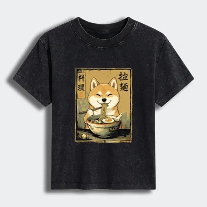Tokyo-Tiger Happy Shiba Eating Ramen Women's Washed T-shirt