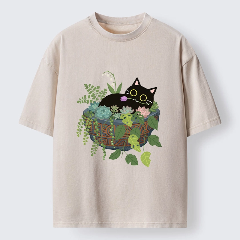 Tokyo-Tiger Cat Relaxing Inside Flower Pot Washed T-Shirt