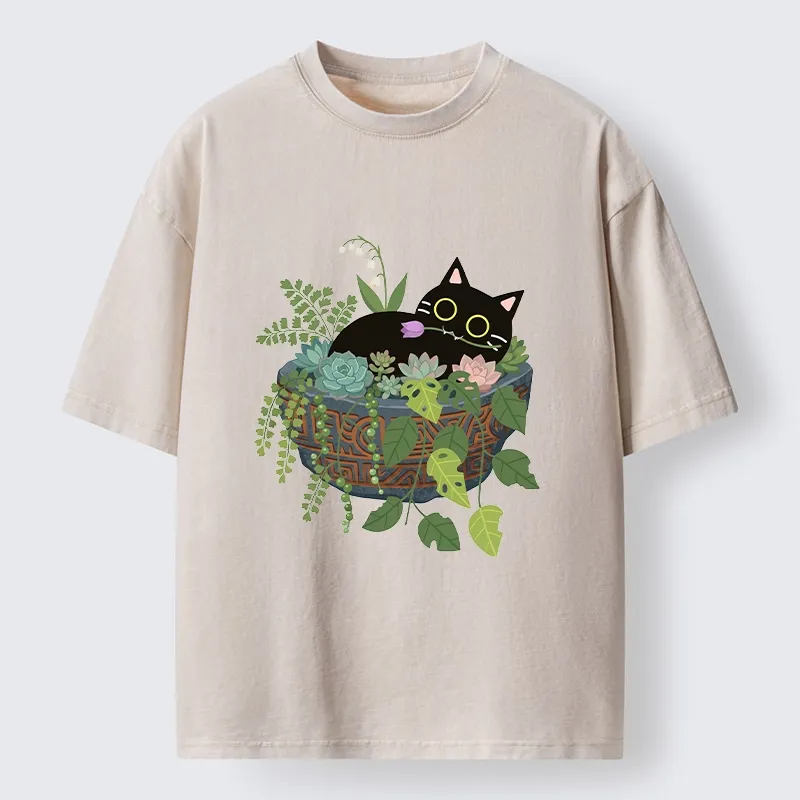Tokyo-Tiger Cat Relaxing Inside Flower Pot Washed T-Shirt Sale