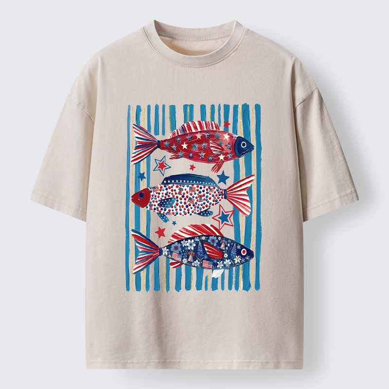 Tokyo-Tiger Vibrant Independence Day Star Decorated Fish Washed T-Shirt