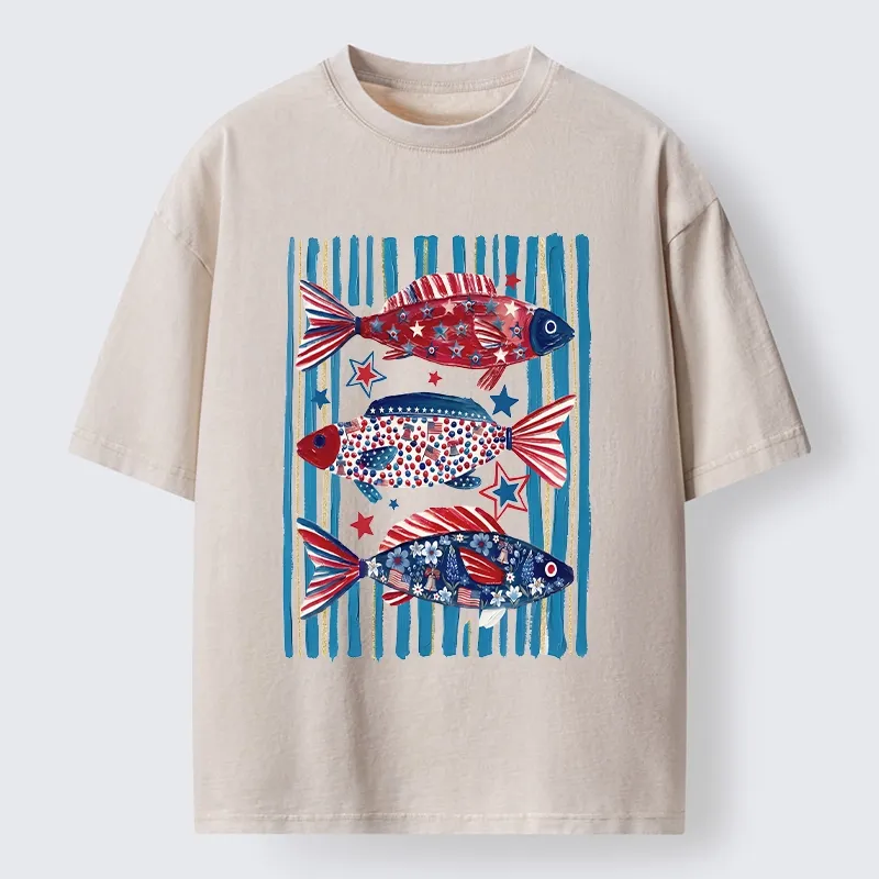 Tokyo-Tiger Vibrant Independence Day Star Decorated Fish Washed T-Shirt