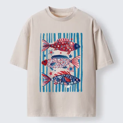Tokyo-Tiger Vibrant Independence Day Star Decorated Fish Washed T-Shirt