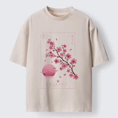 Tokyo-Tiger Sakura Moon Japanese Vintage Washed T-Shirt