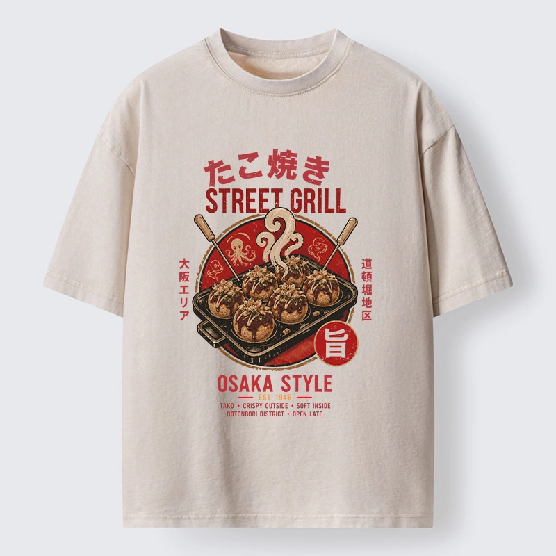 Tokyo-Tiger Osaka Takoyaki Street Grill Art Washed T-Shirt