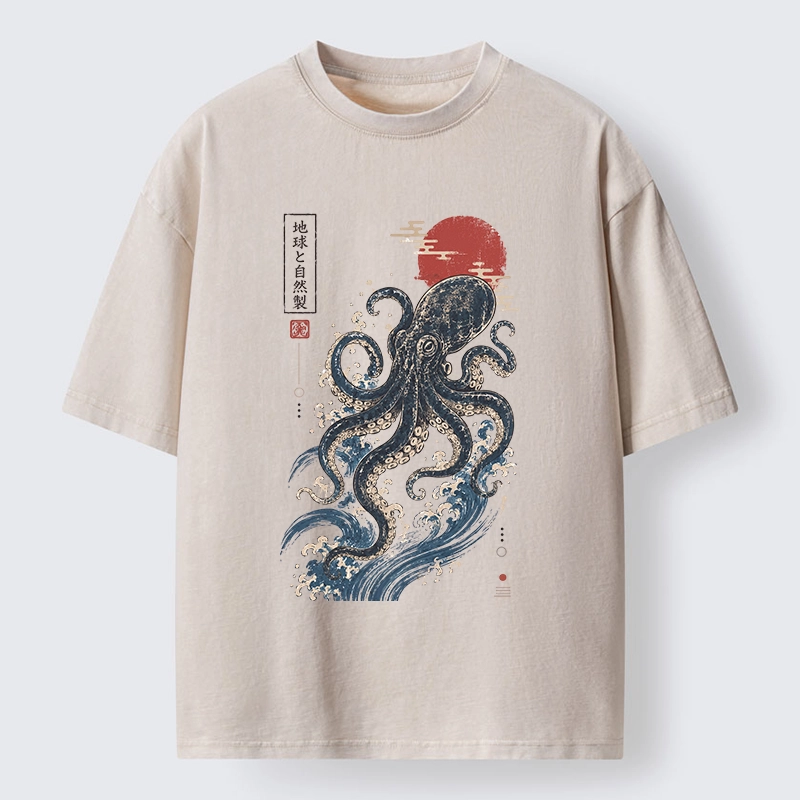 Tokyo-Tiger Traditional Japanese Wave Red Sun Octopus Washed T-Shirt