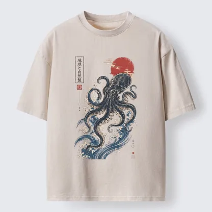 Tokyo-Tiger Traditional Japanese Wave Red Sun Octopus Washed T-Shirt