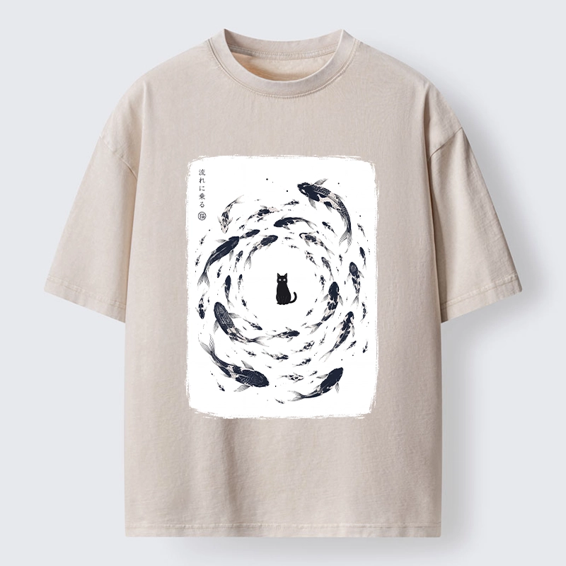 Tokyo-Tiger Traditional Japanese Carp Circle Cat Washed T-Shirt