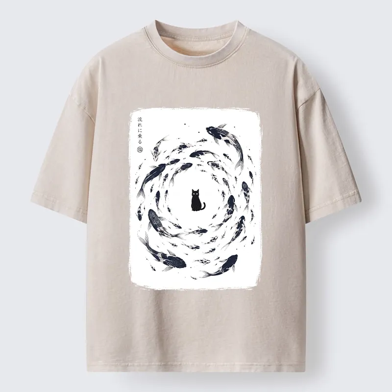 Tokyo-Tiger Traditional Japanese Carp Circle Cat Washed T-Shirt