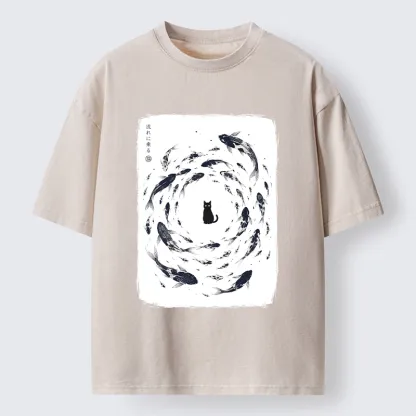 Tokyo-Tiger Traditional Japanese Carp Circle Cat Washed T-Shirt