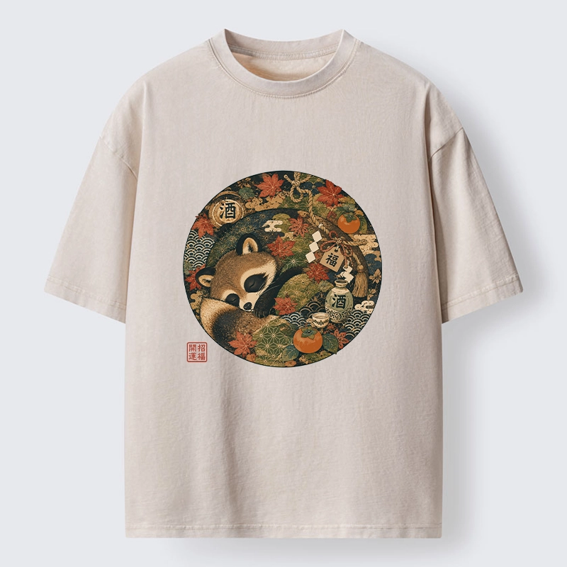 Tokyo-Tiger Sleepy Raccoon Enjoys Autumn Sake Break Washed T-Shirt