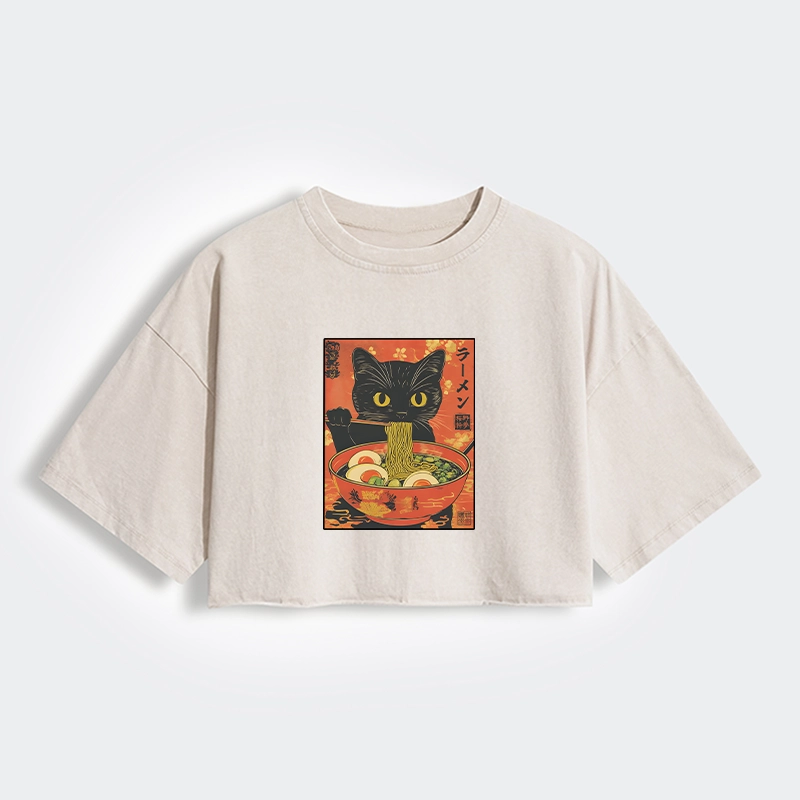 Tokyo-Tiger Hungry Black Cat Loves Ramen Women's Washed Crop T-Shirt
