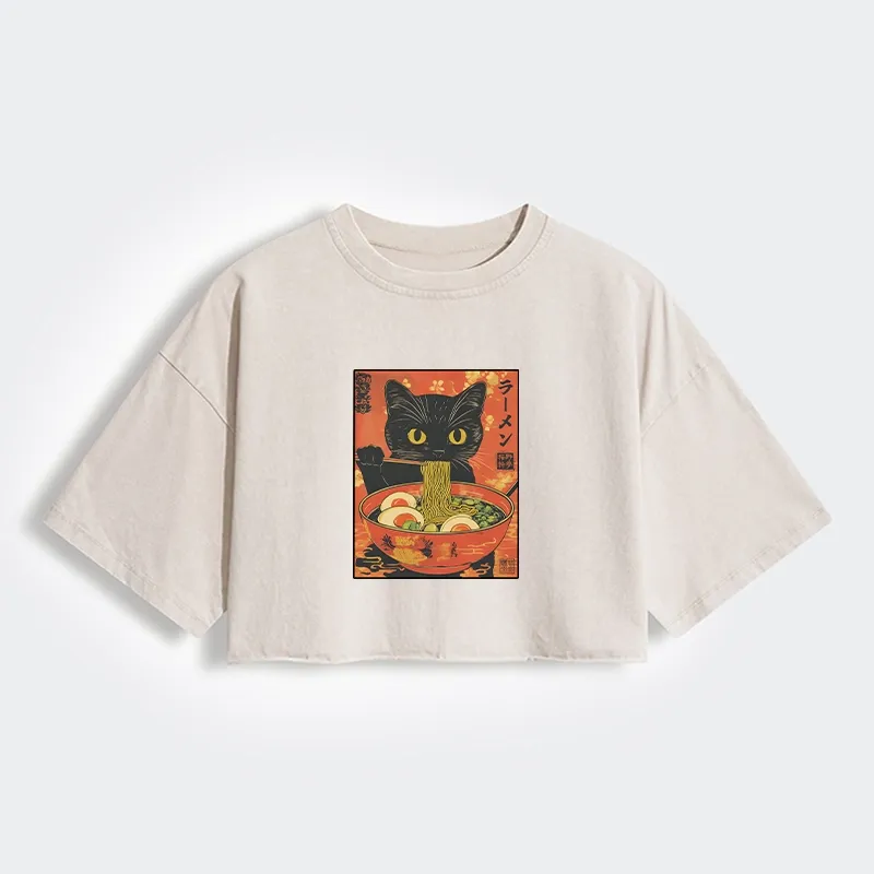 Tokyo-Tiger Hungry Black Cat Loves Ramen Women's Washed Crop T-Shirt