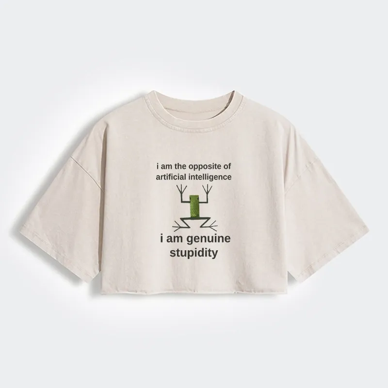 Tokyo-Tiger Genuine Stupidity Frog Meme Women's Washed Crop T-Shirt Sale