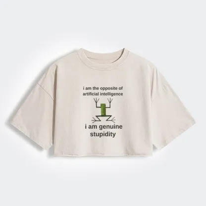Tokyo-Tiger Genuine Stupidity Frog Meme Women's Washed Crop T-Shirt