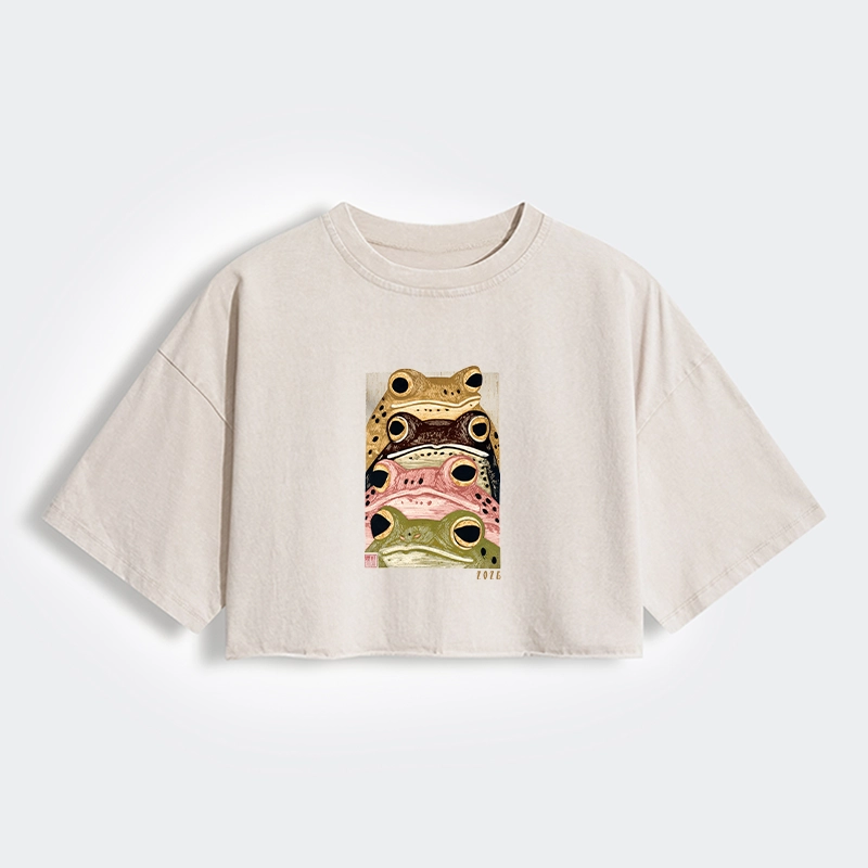 Tokyo-Tiger Whimsical Multi Colored Frog Art Women's Washed Crop T-Shirt