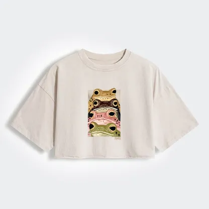 Tokyo-Tiger Whimsical Multi Colored Frog Art Women's Washed Crop T-Shirt