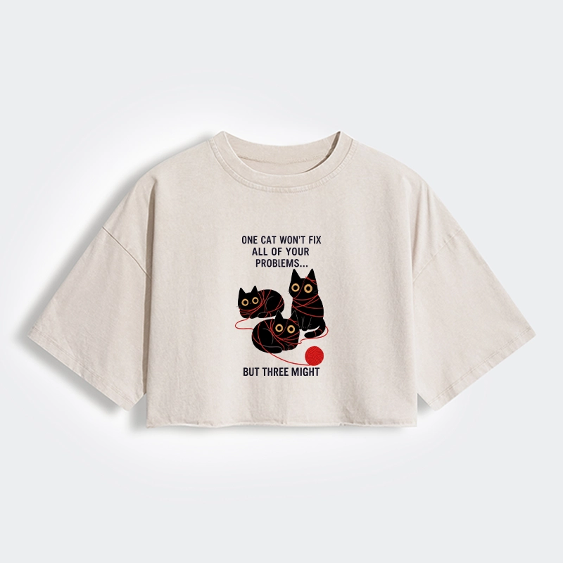 Tokyo-Tiger Three Cats Fix All Problems Women's Washed Crop T-Shirt