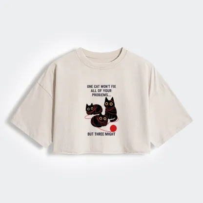 Tokyo-Tiger Three Cats Fix All Problems Women's Washed Crop T-Shirt