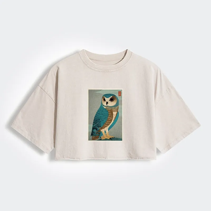 Tokyo-Tiger Vintage Owl Woodblock Art Women's Washed Crop T-Shirt Sale