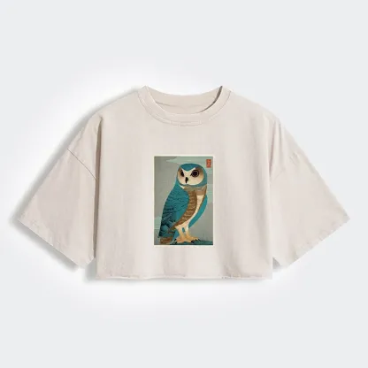 Tokyo-Tiger Vintage Owl Woodblock Art Women's Washed Crop T-Shirt