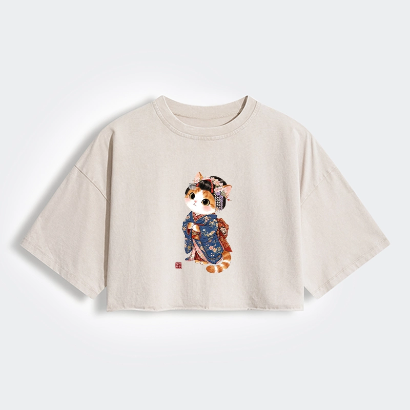 Tokyo-Tiger Cat Dressed As A Geisha Funny Women's Washed Crop T-Shirt